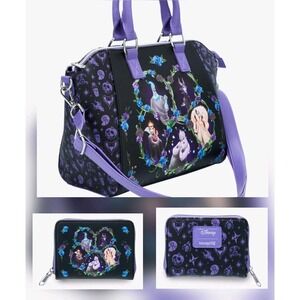 NEW! Loungefly Disney Villains Purple Florals Satchel And‎ Wallet SET Whimisgoth